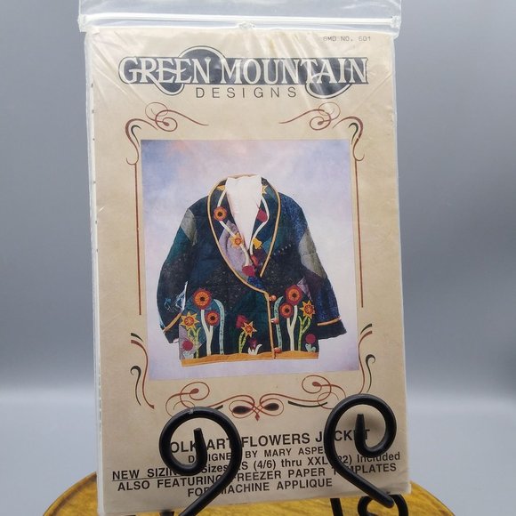 UNUSED Vintage Folk Art Flowers Jacket Applique Kit, 1994 Mary Asper Green Mount - Picture 1 of 2